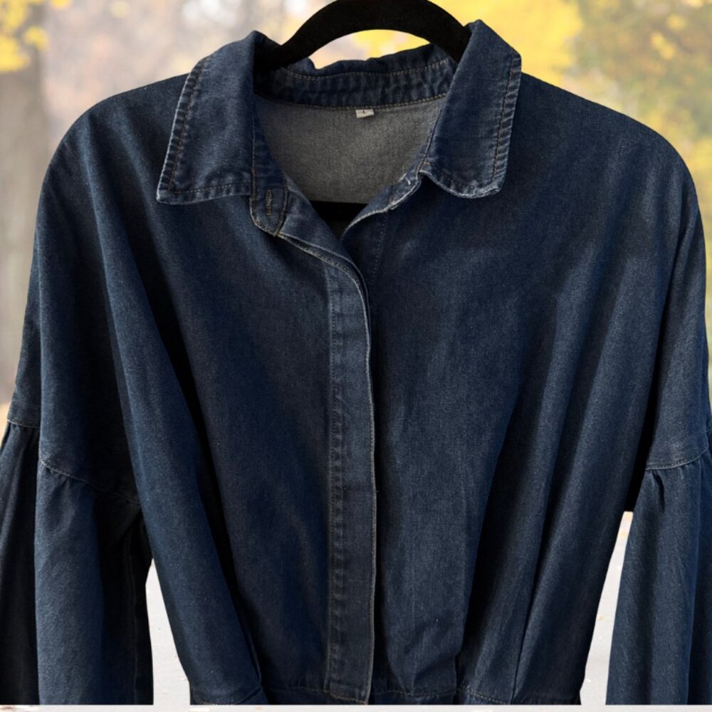 NEW Lantern Sleeve Denim Romper - Elastic Waist Tie Front Short Deep Denim - L - Picture 6 of 10